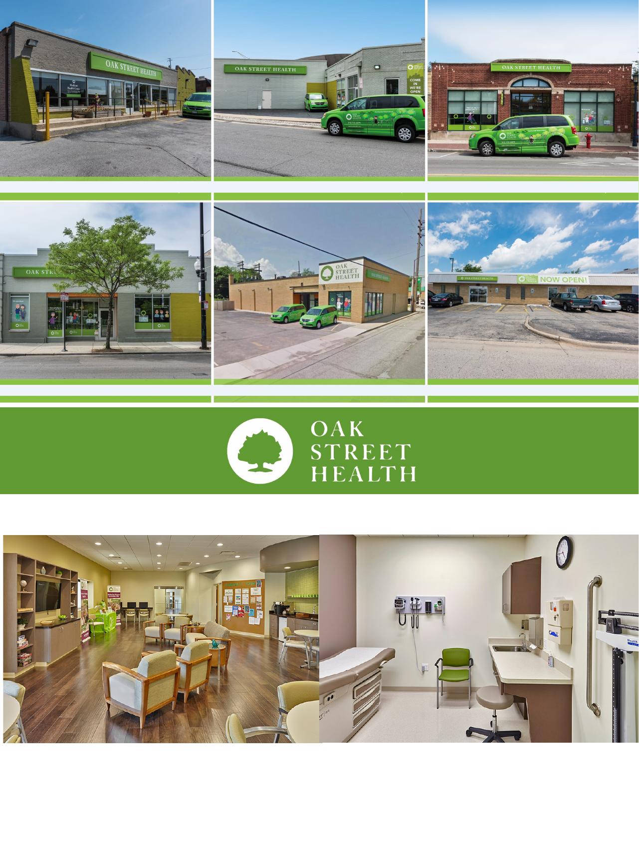 Composite of Oak Street Health clinic interiors and entry